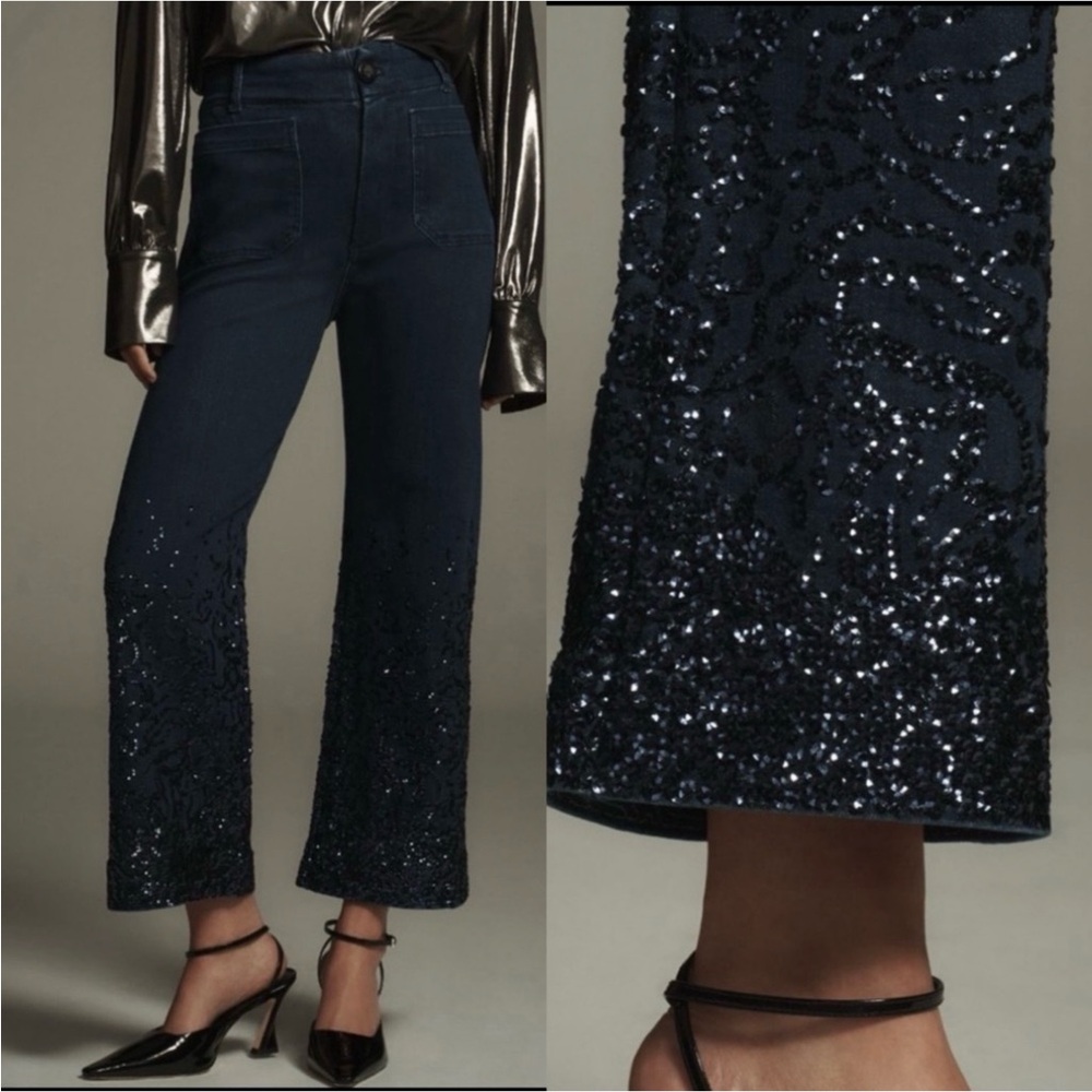 NWT Anthro Maeve The Colette High Rise Wide Leg Cropped Jeans Sequin Sparkle 29